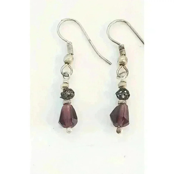 Vintage Jewelry - Vintage Sterling Silver & Amethyst Beaded Dangle Drop Earrings Artisan 1970s
